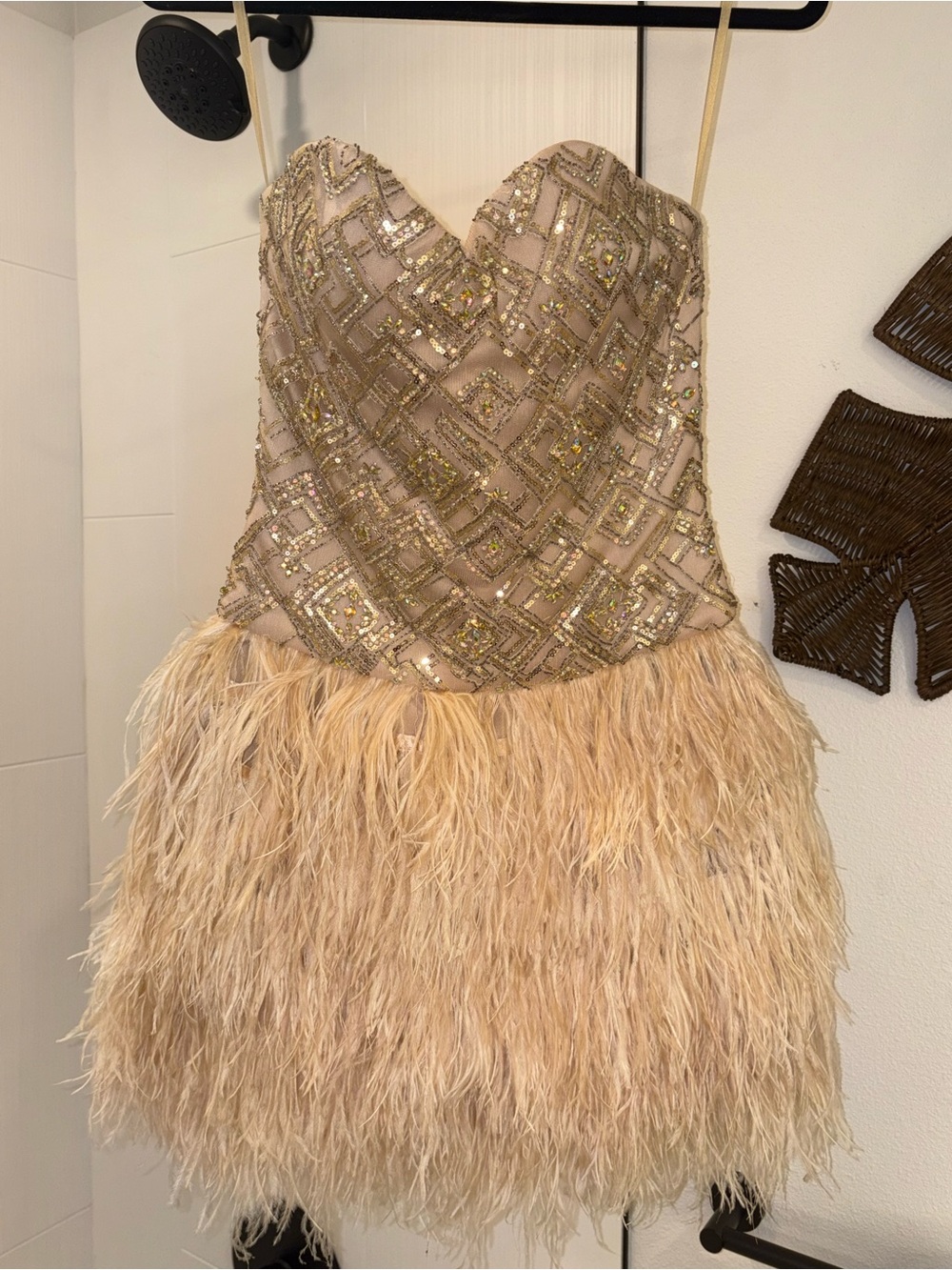 Source Unknown Blush Sequin Embellished Strapless Feather Mini Dress - Picture 10 of 16